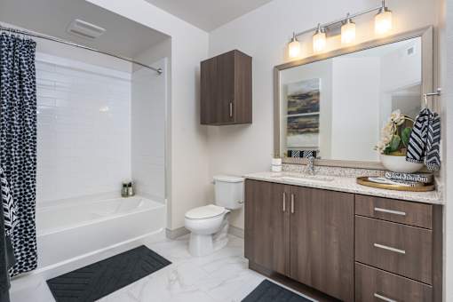 A bathroom with a white toilet, a white bathtub, a sink, and a mirror.