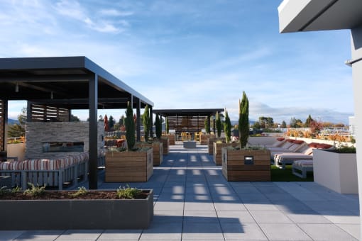 Apartments In Burlingame, CA For Rent - Rooftop Patio Lounge With Louge Seating, Potted Plants, Fire Pit, And Grilling Area.