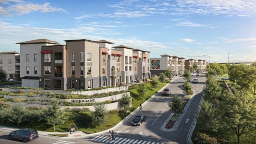 a rendering of a city street with apartment buildings and trees at North Grove, Riverside, CA 92501  