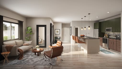 a living room and kitchen in a model home at North Grove, Riverside, CA  