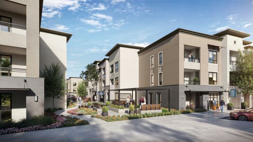 a rendering of a development of townhouses and apartments on a street at North Grove, California  