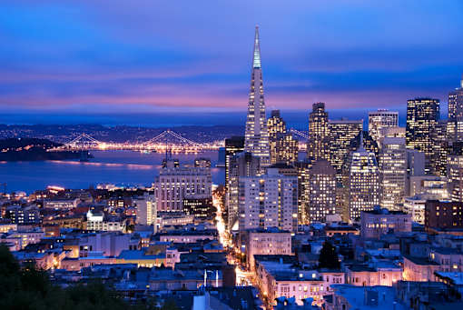 A cityscape at dusk with the skyline at Arc Light, San Francisco California