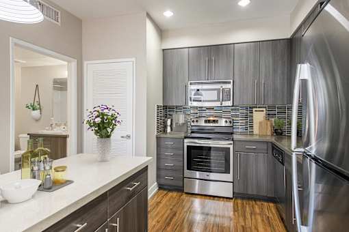 Long Beach, CA, Pet-Friendly Apartments - Urban Village - Modern Kitchen With Stainless Steel Appliances, Quartz Countertops, Tile Backsplash, Dark Cabinetry, And Vinyl Wood Plank Flooring.