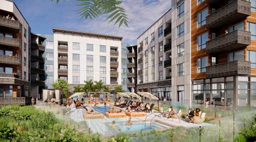 A group of people are sitting around a pool in a courtyard.at Trestle, Monrovia, 91016