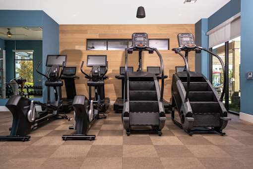A gym with treadmills and elliptical machines.