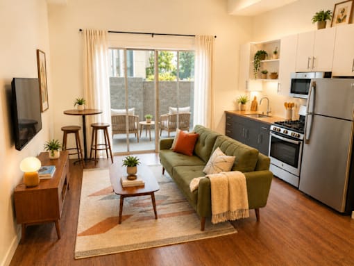 A modern living room with a green couch and a wooden coffee table.