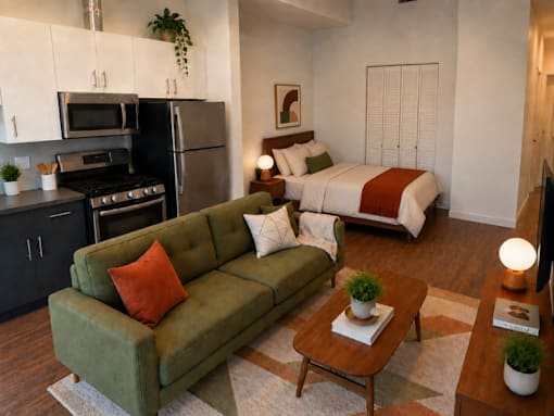 A living room with a green couch and a bed in the background.