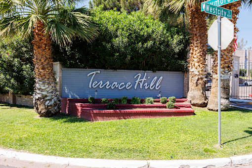 A sign that says Terrace Hill is in front of some trees.