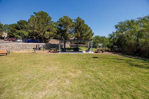 A park with a playground and picnic tables.