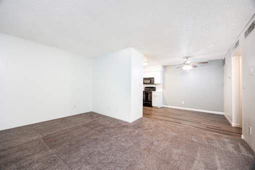 A room with a brown carpet and a white ceiling.