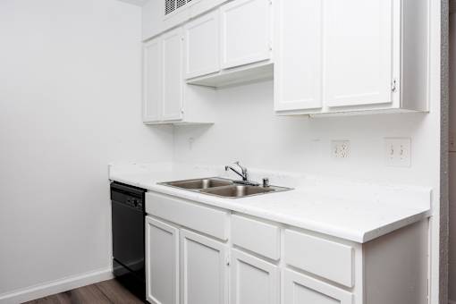 A kitchen with white cabinets and a black dishwasher.
