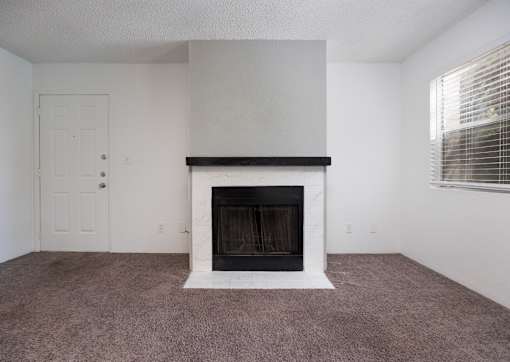 A room with a fireplace and a door.