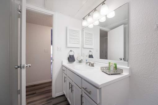 A bathroom with a white counter and a mirror above it.