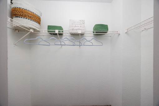A white shelf with three hangers and two green objects.