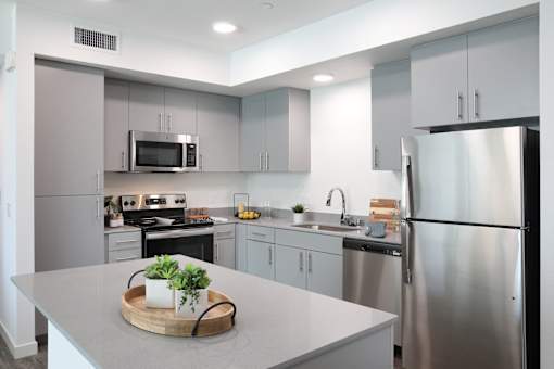 A modern kitchen with a stainless steel refrigerator and a wooden tray with two potted plants on the counter.