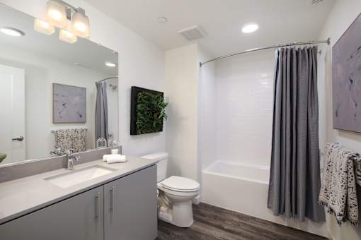 A bathroom with a toilet, sink, and shower.