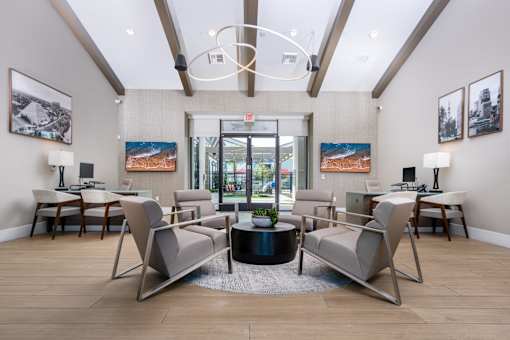 A modern clubroom and comfortable seating.
