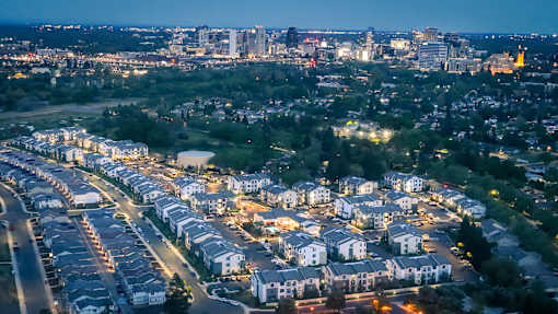large aerial view of the strand apartments