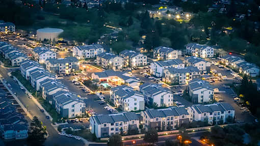 large aerial view of the strand apartments