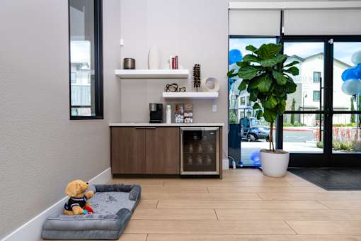 leasing office with a dog plush on a bed and a shelf with decorative items.