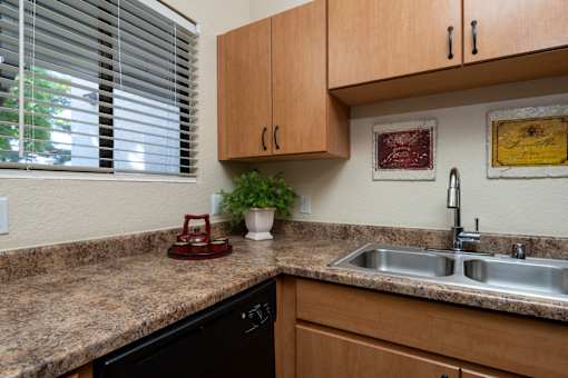 A kitchen with a black dishwasher and a granite countertop.