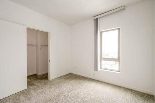 A room with a carpeted floor, a window, and a closet at The Grand Apartments, Oakland, CA