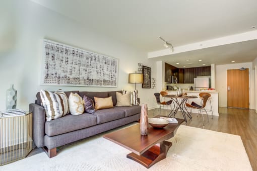 Luxury Apartments in San Fransisco CA - Living Room with Wood-Style Flooring, Large Area Rug, Couch With Pillows, And Modern Décor.