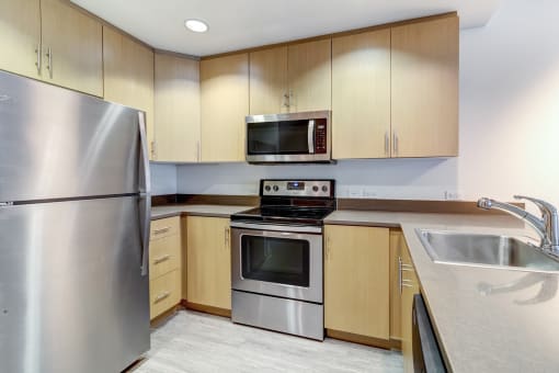 Apartments for Rent San Francisco - Venue - Kitchen with Stainless Steel Appliances, Wooden Cabinets, Quartz Countertops, and Hardwood-Style Flooring