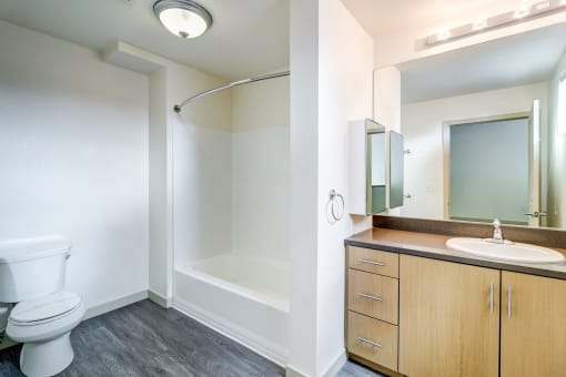 Apartments for Rent Mission Bay, San Francisco - Venue - Bathroom with a Toilet, a Sink, a Shower, a Mirror, and Hardwood-Style Flooring