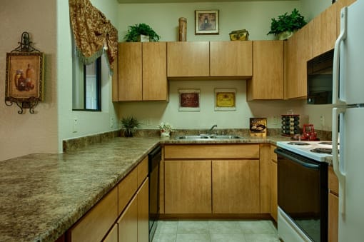 Two-Bedroom Apartments in Surprise, AZ - The Village at West Point - Kitchen with Counterspace, Dual Sinks, Wood-Tone Cabinets, Kitchen Appliances, and Window.