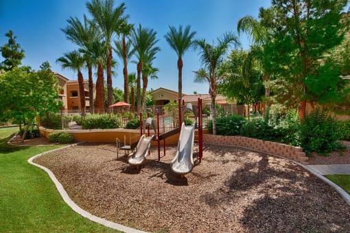 One-Bedroom Apartments in Surprise, AZ - The Village at West Point - Playground with Woodchip-Covered Ground, Slides, Woodchucks, and Surrounded by Manicured Lawn, Bushes, and Palm Trees.
