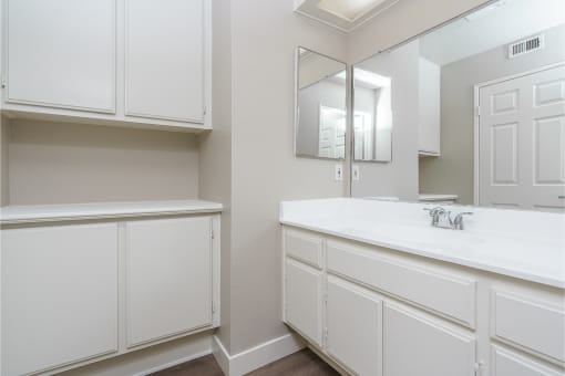 renovated bathroom with updated cabinets