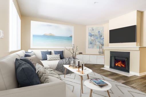 Pet-Friendly Apartments in Thousand Oaks CA - Westlake Canyon - Furnished Living Room with Fireplace and Wood-Style Flooring