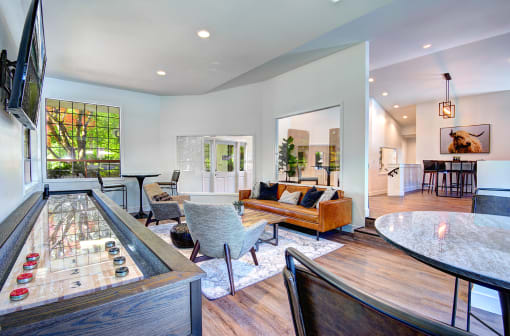 Clubhouse with sitting area at Woodlake Apartments, Kirkland, WA 98034