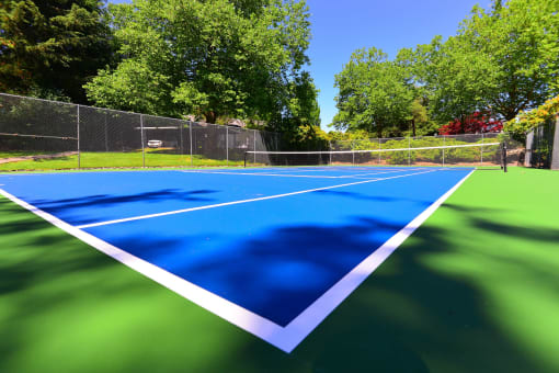 Fenced-In Community Tennis Court at Woodlake Apartments, Kirkland, WA