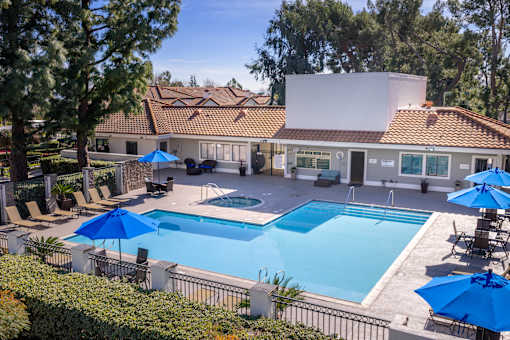 Resort style pool area with spa and seating at Woodbend Apartments, Alta Loma, 91701