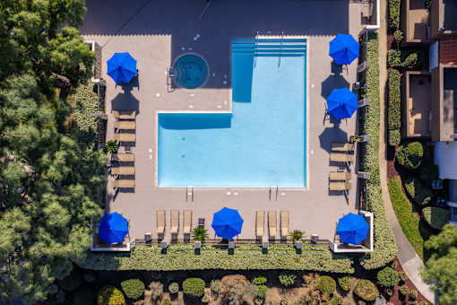 Resort style pool with blue umbrellas at Woodbend Apartments, Alta Loma, California