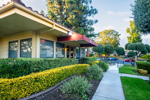 Leasing office entrance at Woodbend, Alta Loma, California