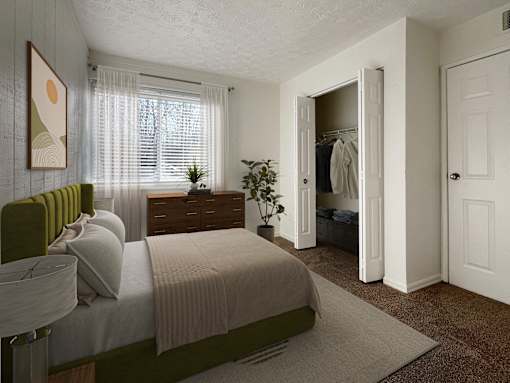 A bedroom with a bed, dresser, and closet.