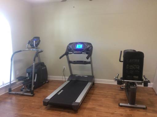 A treadmill with a digital display is in the middle of a room with a vacuum and a weight bench.
