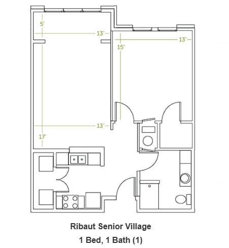 A floor plan of a one bedroom apartment with one bathroom.