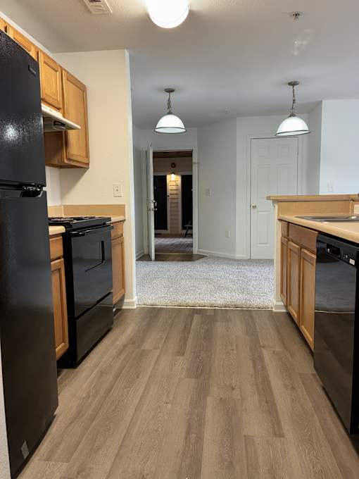 A kitchen with black appliances and wooden cabinets.