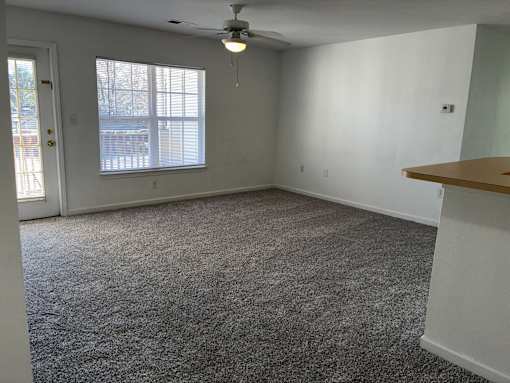 A room with a carpeted floor and a ceiling fan.