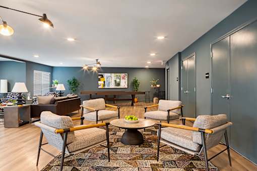 A living room with grey walls and a grey sofa.