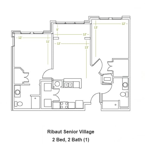 A floor plan of a senior living facility with two bedrooms and two bathrooms.