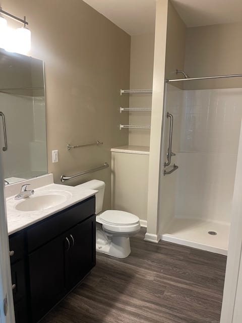 A bathroom with a toilet, sink, and walk-in shower.