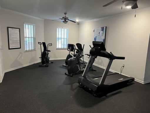 a gym with treadmills and exercise bikes