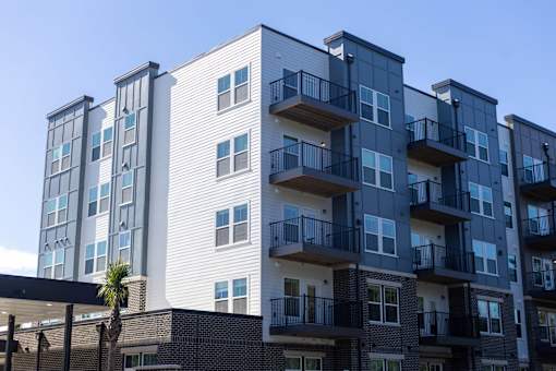 A tall apartment building with balconies and a palm tree in front.