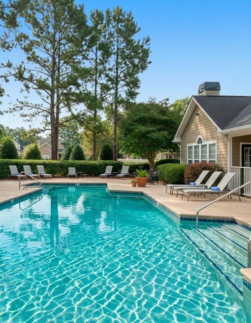 A swimming pool with a house and trees in the background.