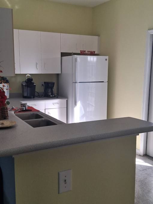 A kitchen with a white refrigerator and a countertop.